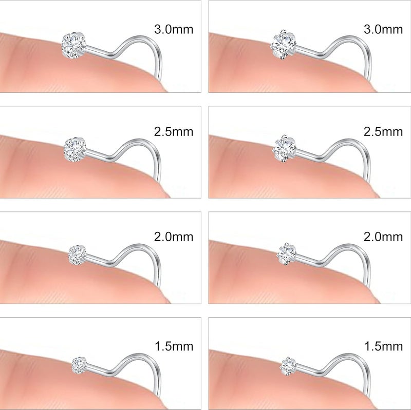 XoCiuKe 10Pcs 20G Nose Rings Studs for Women Corkscrew Sliver Nose Studs Hypoallergenic Nose Rings 316L Surgical Stainless Steel Nose Nostril Percing Jewely for Women Men Round Square CZ Imitation Diamond 1.5mm/2.0mm/2.5mm/3.0mm - Image 4